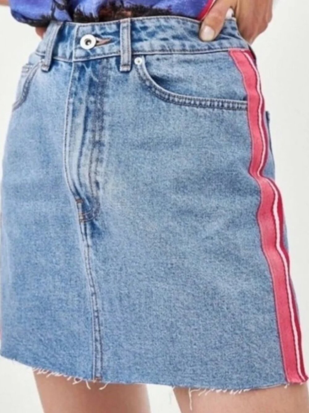 Zara Light Blue Denim Mini Skirt with Pink Side Stripe